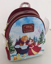 LOUNGEFLY DISNEY Beauty & Beast BELLE ENCHANTED XMAS VELVET MINI BACKPACK NEW
