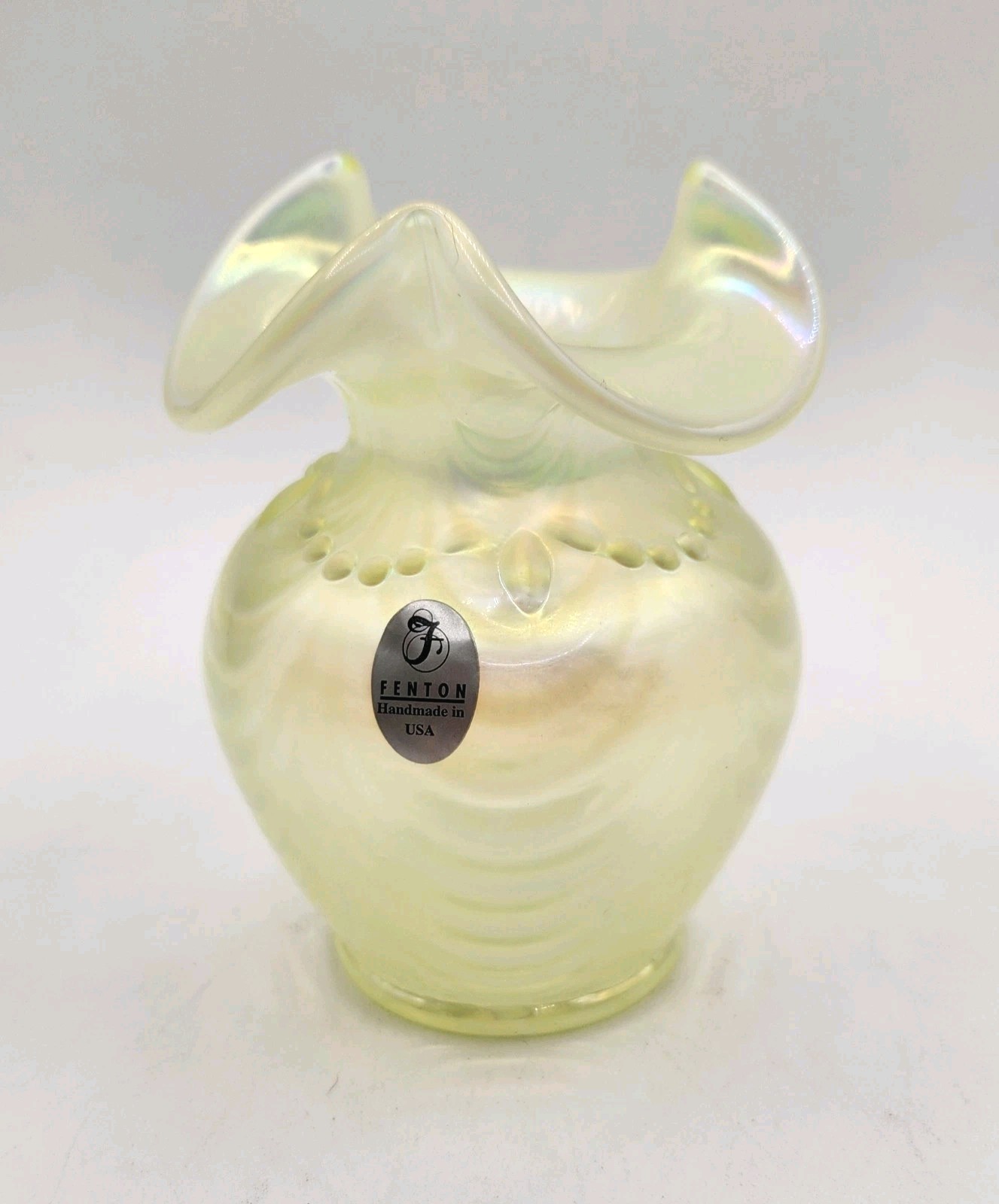 Fenton Topaz Glass Iridescent Yellow Vaseline Drapery Vase. Signed