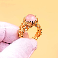 18K Gold-Plated Sterling Silver Rose Quartz Handmade Ring, Statement Jewelry