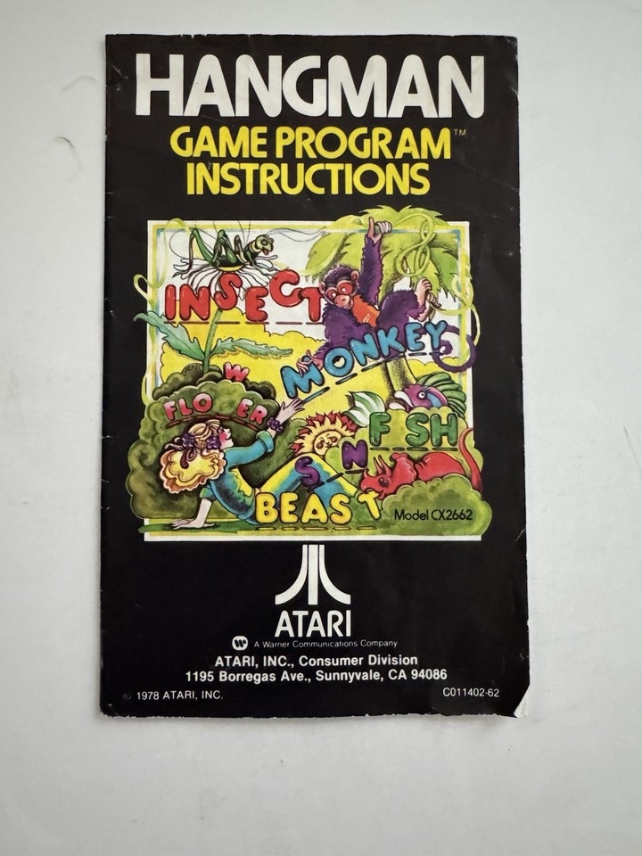 Vintage 1978 Atari Hangman Video Computer System Game Program CX 2662 ...