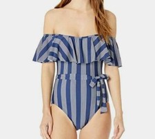  95 Splendid Womens Blue Stripe Ruffled Off Shoulder Belted One Piece Swimsuit S