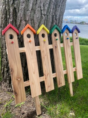 #ad Rainbow Picket Fence Garden Faux Bird House $65.00