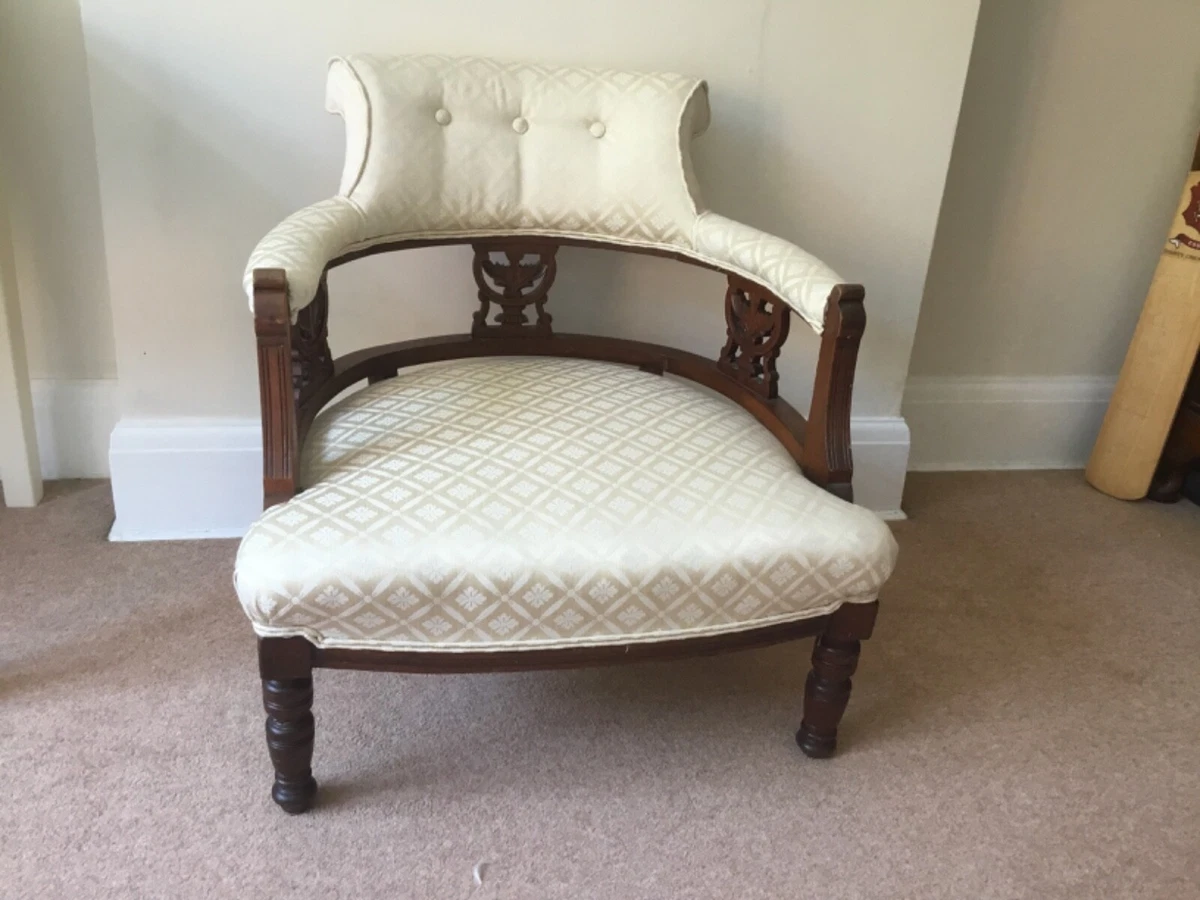 Antique tub chair wooden frame reupholstered in gorgeous cream