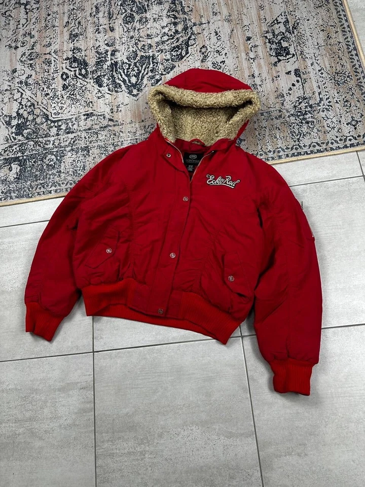 Crazy Thick Ecko Unltd Red Fur Y2K Rap SK8 Bomber Jacket Size XL - Image 2 of 4