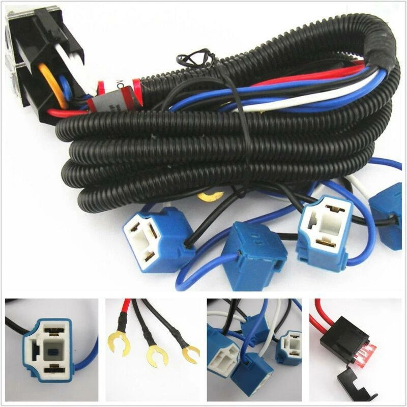 Ceramic H4 Headlight Relay Wiring Harness 4 Headlamp Light Bulbs Socket Plug Set — 第 2/4 张图片