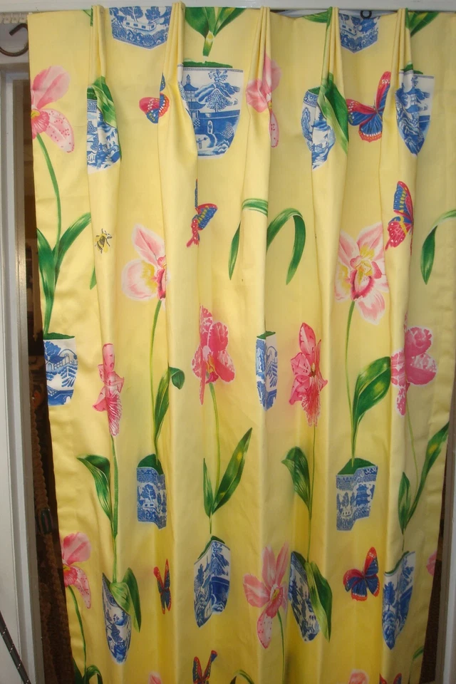 Nuevo One Pr 2 piezas Cortinas Plisadas Forradas Duralee Orquídeas Amarillo 24" x 84" ea Foto 3 de 4