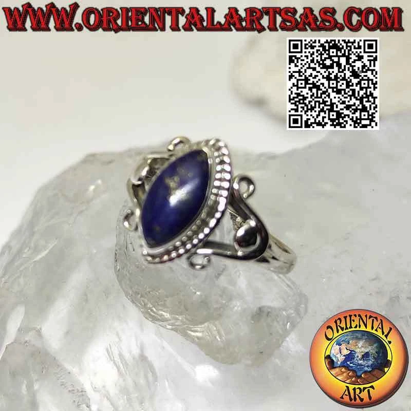 Anello in argento 925 ‰ lapislazzulo cabochon a navetta su montatura con ganci a - Immagine 2 di 4