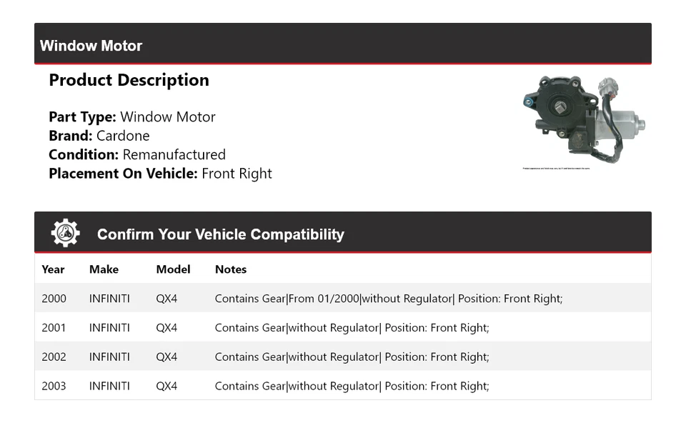 Motor ventana delantero derecho cardone 2001 2002 para Infiniti QX4 2000-2003 Foto 2 de 4