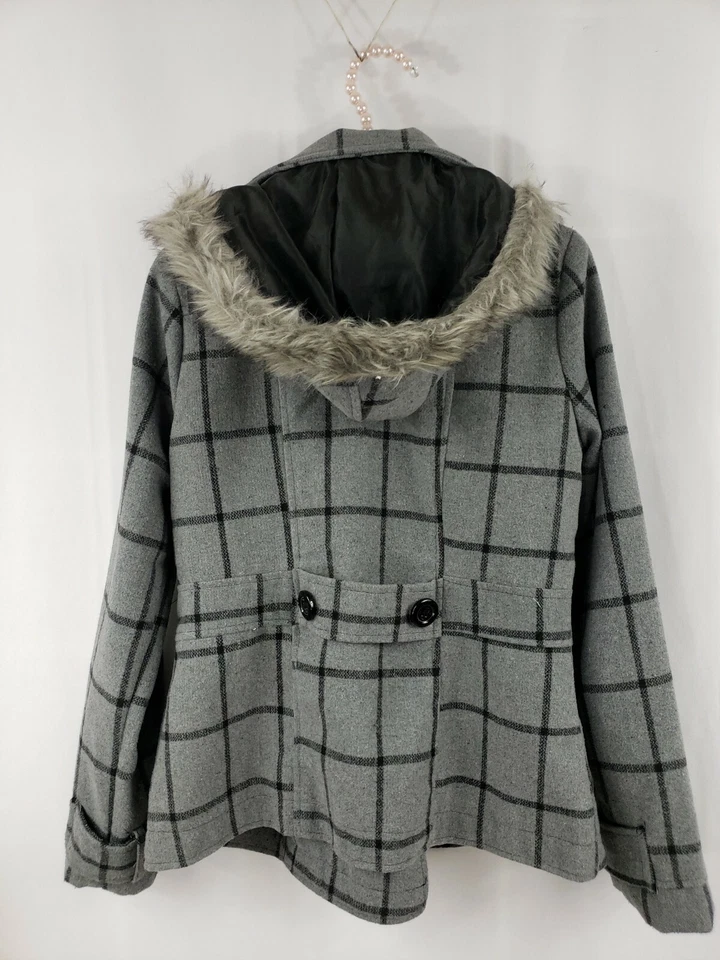 YMI Mujer Gris Negro Cuadros Imitación Piel Abrigo Chaqueta con Capucha S Pequeña Foto 3 de 4