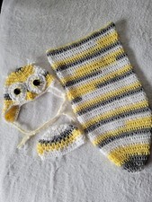 New Owl Hat and Cocoon Baby Photo Prop for 0 to 3 month infant yellow/gray/white