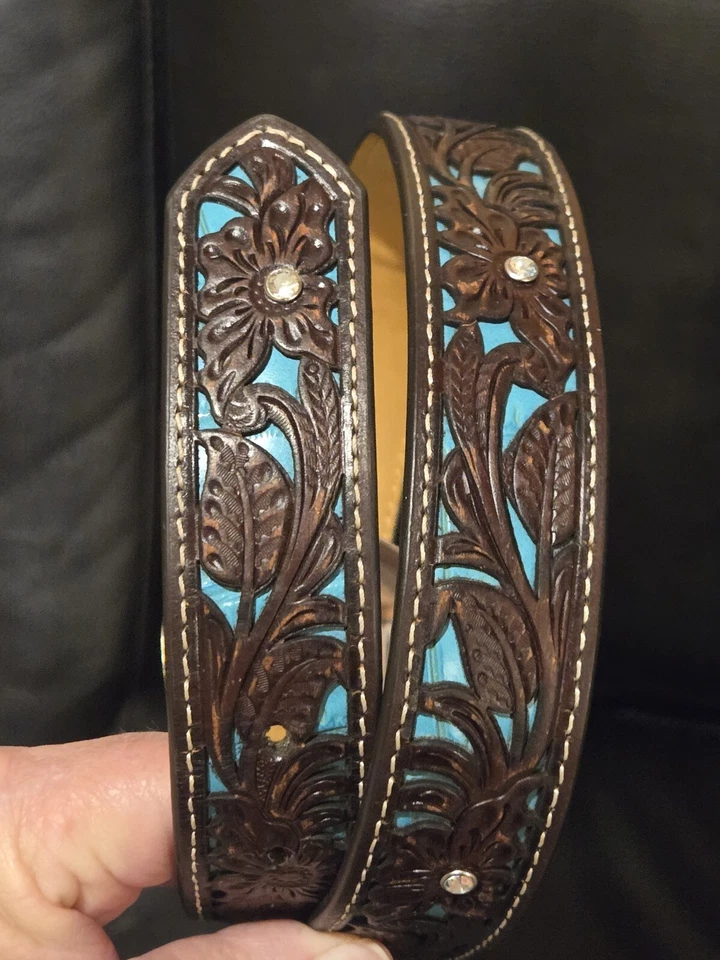 Cinturón Ariat Western NIÑOS Talla 26 Cuero Marrón Incrustación Turquesa Tono Plateado Hebilla Foto 2 de 4