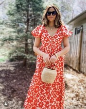 ZARA Red White Floral Print Puff Sleeve Midi Maxi Poplin Dress size S 10 Summer