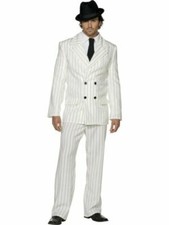 Image of Gangster/Mobster Suit 3Pc White & Blk Pinstripe Coat Pants & Blk Tie Costume Lg
