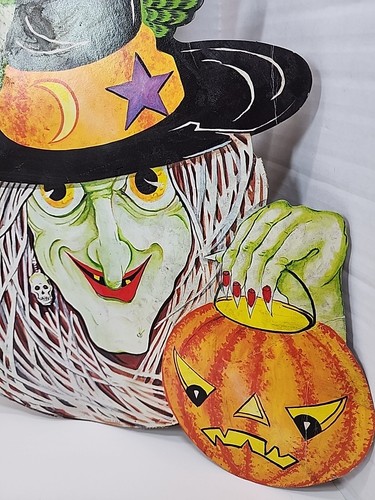 Vintage Die Cut Halloween Decorations Spooky Witch Jack O Lantern Vtg LOT 2 Read - Picture 2 of 24