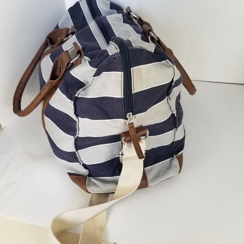 Canvas Weekender Overnight Bag Navy, White & Gray Stripes - Picture 3 of 8