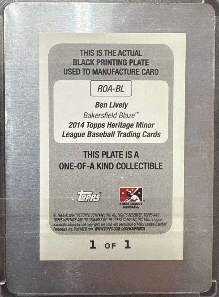 2014 Topps Heritage Minors ROA-BL “Big” Ben Lively Black Plate #1/1 AUTO 🔥 - Image 2 of 2