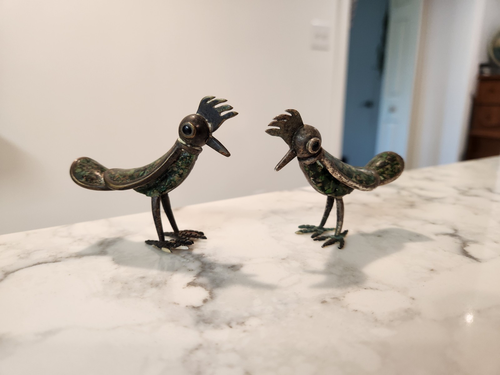 Vintage Los Castillo Mexican Bird Silver Malachite Roadrunner Figure