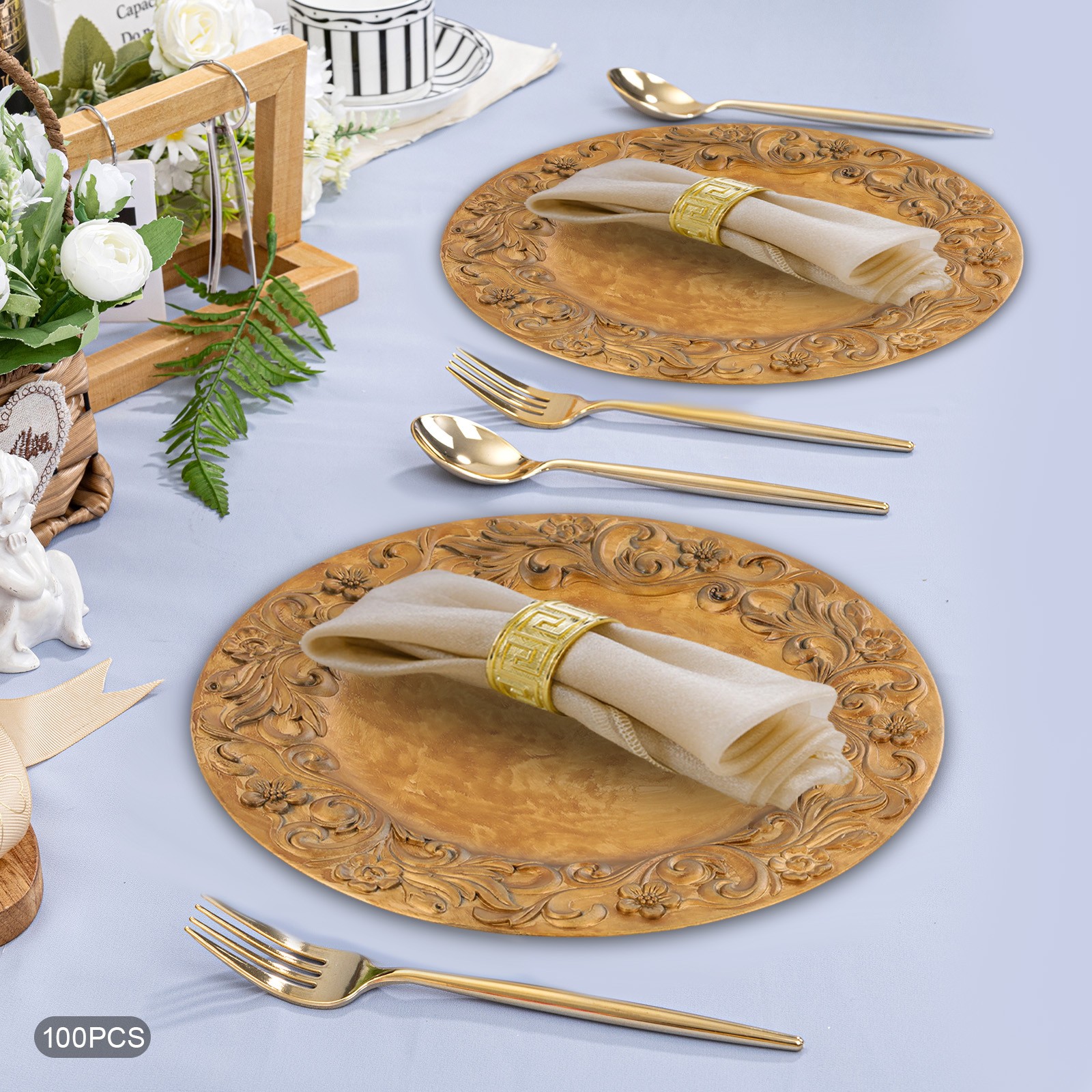 100 Pcs Antique Charger Plates Plastic Dinner Plate Decorative Chargers Gold