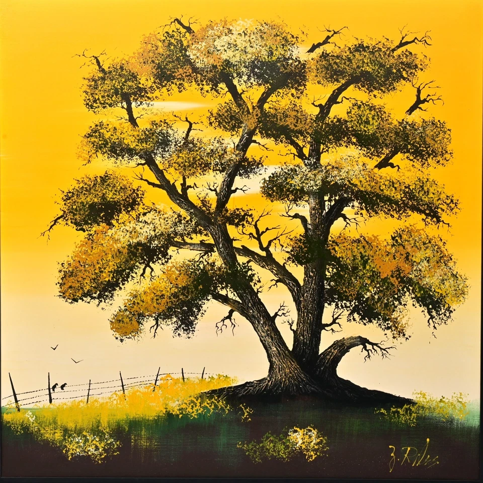 JANE RILES 原版复古签名 MCM 花卉树山风景油画 — 第 2/4 张图片