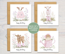 Pack of 4 Handmade Birthday Cards For Her - Farm Animals - Greeting Card Bundle