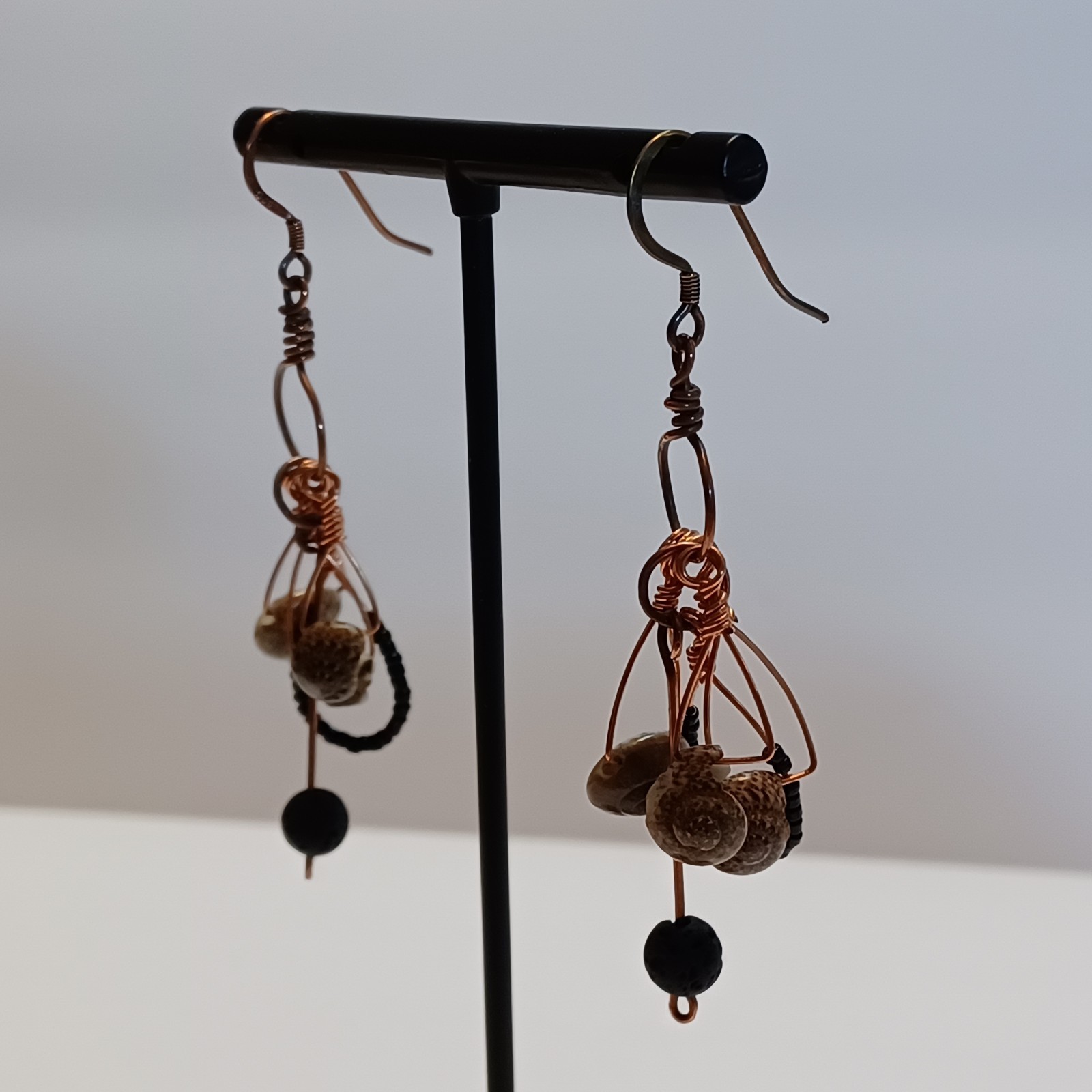 Shell Lava Stone Handmade Beaded Dangle Drop Earr… - image 6