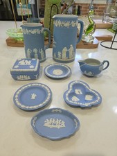 Vintage Collection of Wedgewood Blue Jasperware Pitchers Trinket Box Plates Read