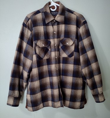 Woodland Brown Plaid Wool Blend Shirt Men's Large Quilted Lining Shacket Vtg
