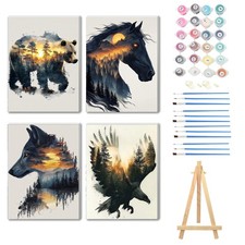 4 Pack Animal DIY Paint by Number for Adults Wooden Framed Canvas Wall Decor