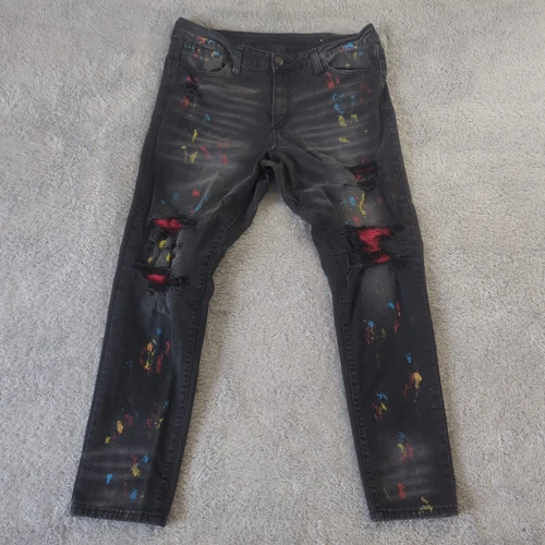 Jean Rue 21 Premium Homme 36W x 32L Noir Distressed Supreme Flex Peinture Éclaboussures