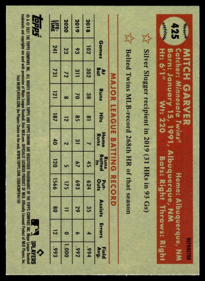 2021 Topps Chrome Platinum Anniversary REFRACTORS Mitch Garver Minnesota Twins - Image 2 of 2