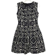 Escada Brocade Fit & Flare Sleeveless Dress Tea Length Navy White Cotton Silk 38