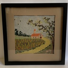 Vintage Needlepoint Cottage Home Landscape Wall Picture 11x11  