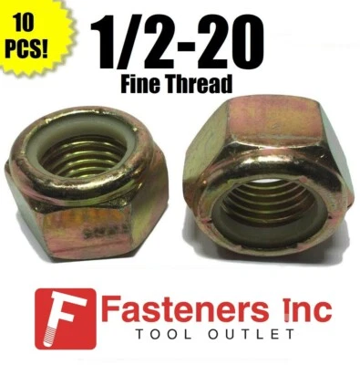 REDDING FASTENERS (Qty 10) 1/2-20 Fine Grade 8 Nylon Insert Lock Nuts Nylock Yellow Zinc Plated
