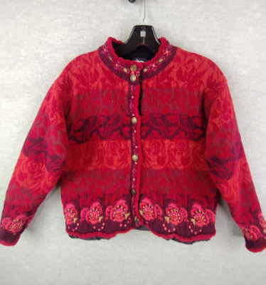 Icelandic Design Womens Jacket S Red Embroidered Floral Wool Nordic Sweater
