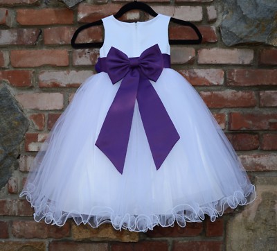 Satin White Tulle Flower Girl Dress Wedding Pageant Communion Reception Baptism 