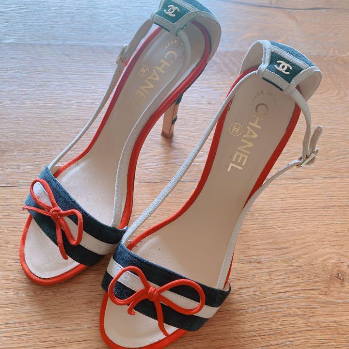【25P☆リボンで可愛らしく☆】CHANEL サンダル CCロゴ CHANEL CC Logo Ribbon Bow Blue White Slingback Sandals EUR37