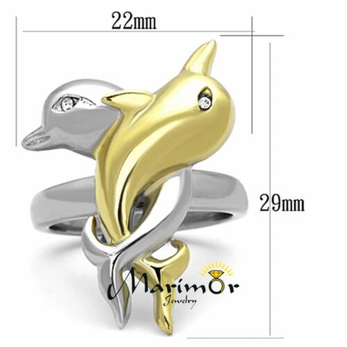 Anello moda donna bicolore acciaio inox 316L cristallo delfino misura 5-10 - Foto 2 di 7