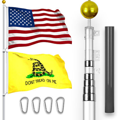 20 Ft Telescoping Flagpole Silver & American and Gadsden Flags Spun 3x5 Ft