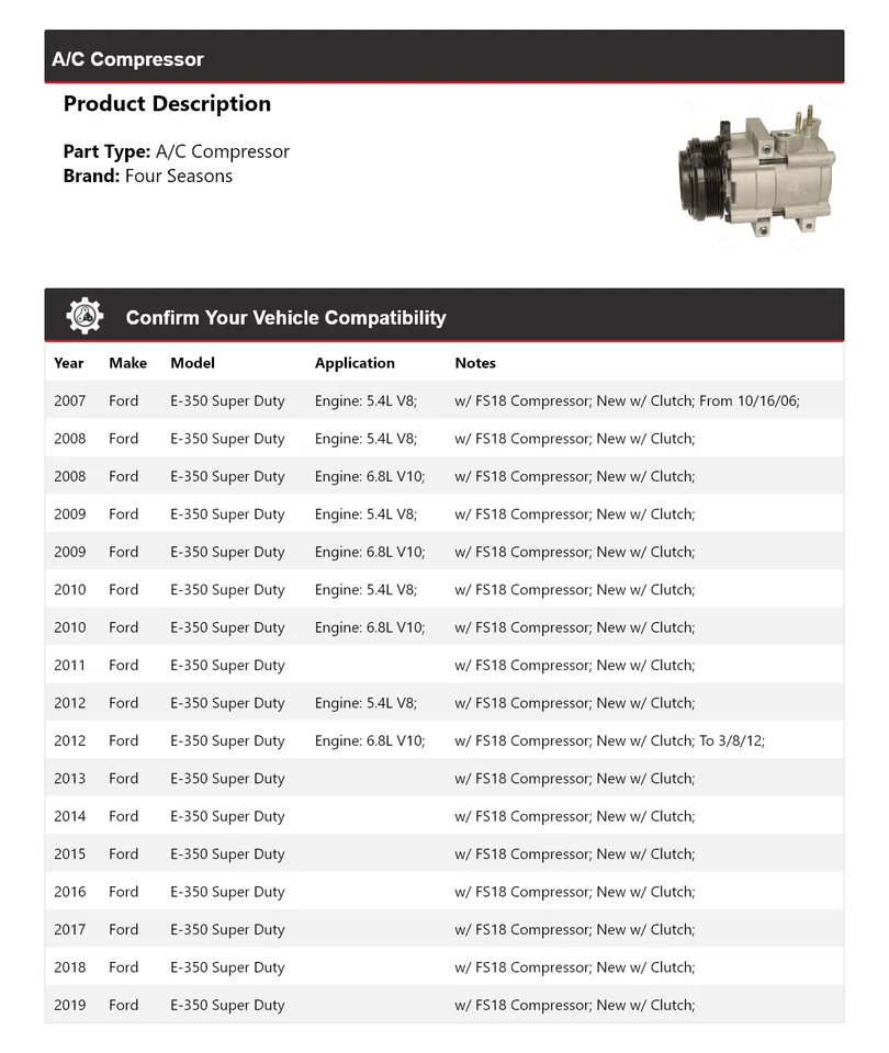 Compresor de aire acondicionado para Ford E-350 Super Duty 2007-2019 4 estaciones 2008 2009 2010 2011 Foto 2 de 4