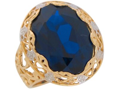 10k or 14k Two-Tone Gold Simulated Sapphire Ladies Unique Wide Top Filigree Ring