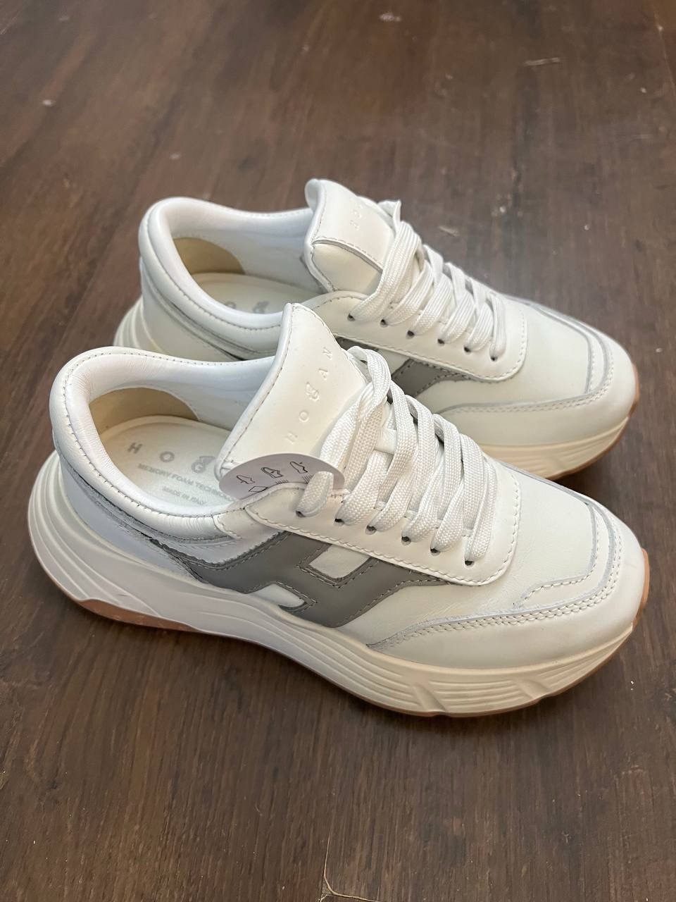 Hogan Women's Leather Sneakers White Gray Memory Foam Logo Accents Lace Up