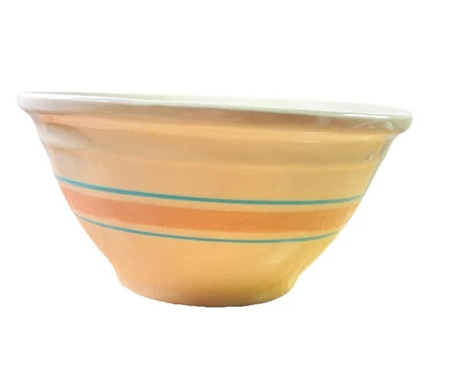 Vintage 1970s McCoy Cream Pink Blue Stripe Bands 10" Mixing Bowl Oven Ware USA
