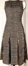 Oscar de la Renta Gold Silk Blend Tweed Herringbone Pleated Dress 0