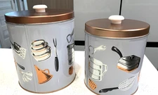 Vintage Weibro 2 Tin Canisters J L Clark Chicago Kitchen Utensils Gray Copper VG