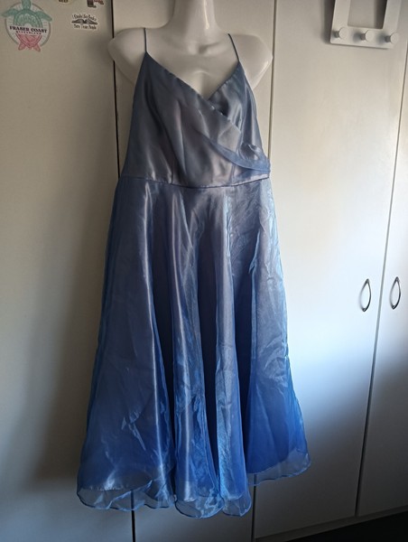 Womens Blue Slip Dress XL Midi V-Neck Spaghetti Straps Zip Back Shimmer Mettalic