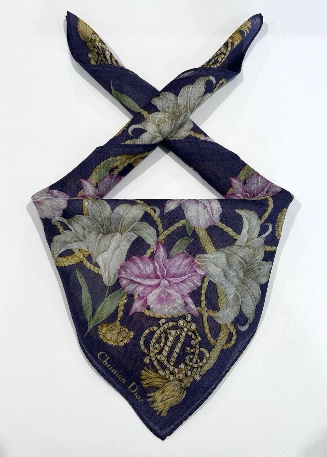 MOUCHOIR FEMME CHRISTIAN DIOR violet BANDANA FLORAL COTON POCHE CARRÉ 18”