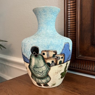 Vintage Southwest Pottery Vase Mexican Desert Scene Cactus Gold Texture Folk Art