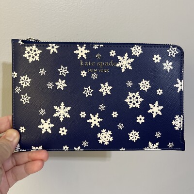 New Kate Spade Staci Snowflake Toss Medium L-Zip Wristlet Blue