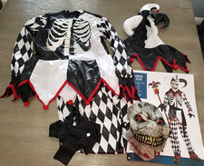 boys SINISTER JESTER HALLOWEEN COSTUME COMPLETE MEDIUM 8/10 BELT MASK PANTS TUNI