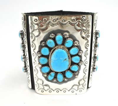 Navajo Sterling Silver Kingman Turquoise Stunning Huge Bow Guard 109 Grams